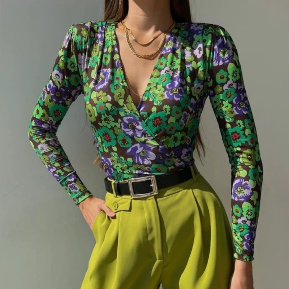 Zara Women's Floral Faux Wrap Long Sleeve Green Purple Draped Bodysuit Size S
